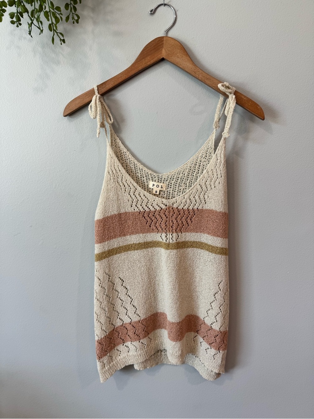 POL Cream Knit Tie-Shoulder Tank with Rust and Olive Stripes Size Small
